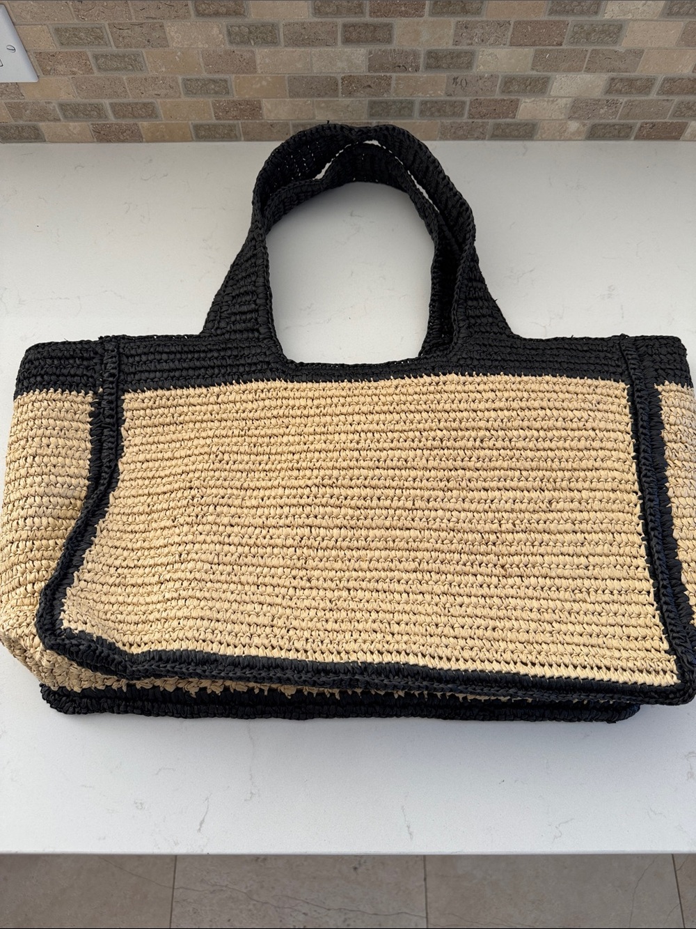 H&M Black and Natural Straw Tote Bag - Women's Beach & Market Bag NWOT